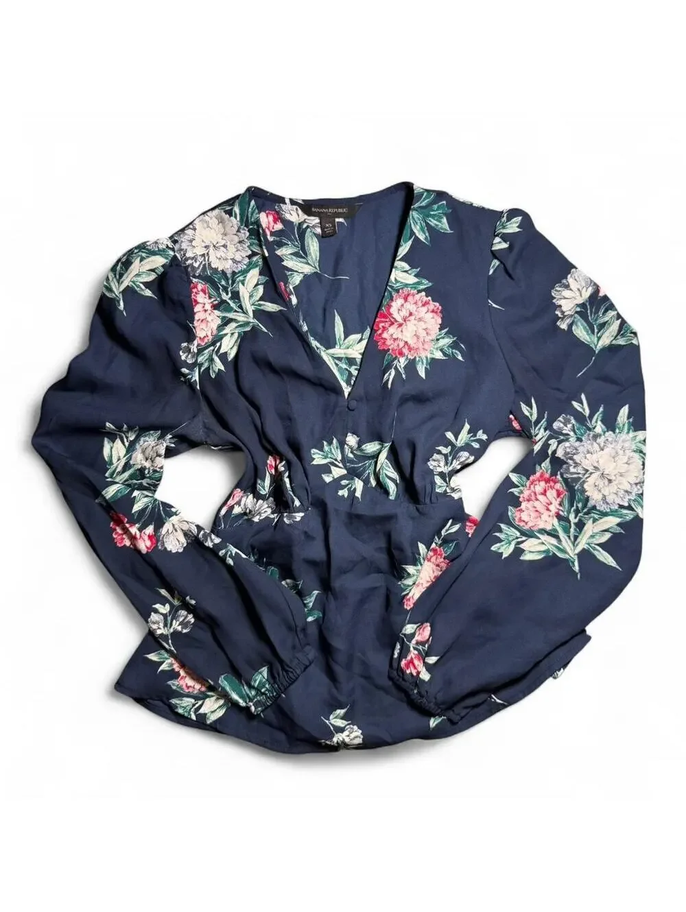 Banana Republic Blue Floral Puff Sleeve V-neck Workwear Cinched Blouse Size XS